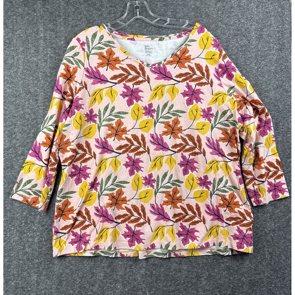 Kim Rogers Size XXL Floral Print Perfectly Soft 3/4 Sleeve‎ Tee Top 100% Cotton